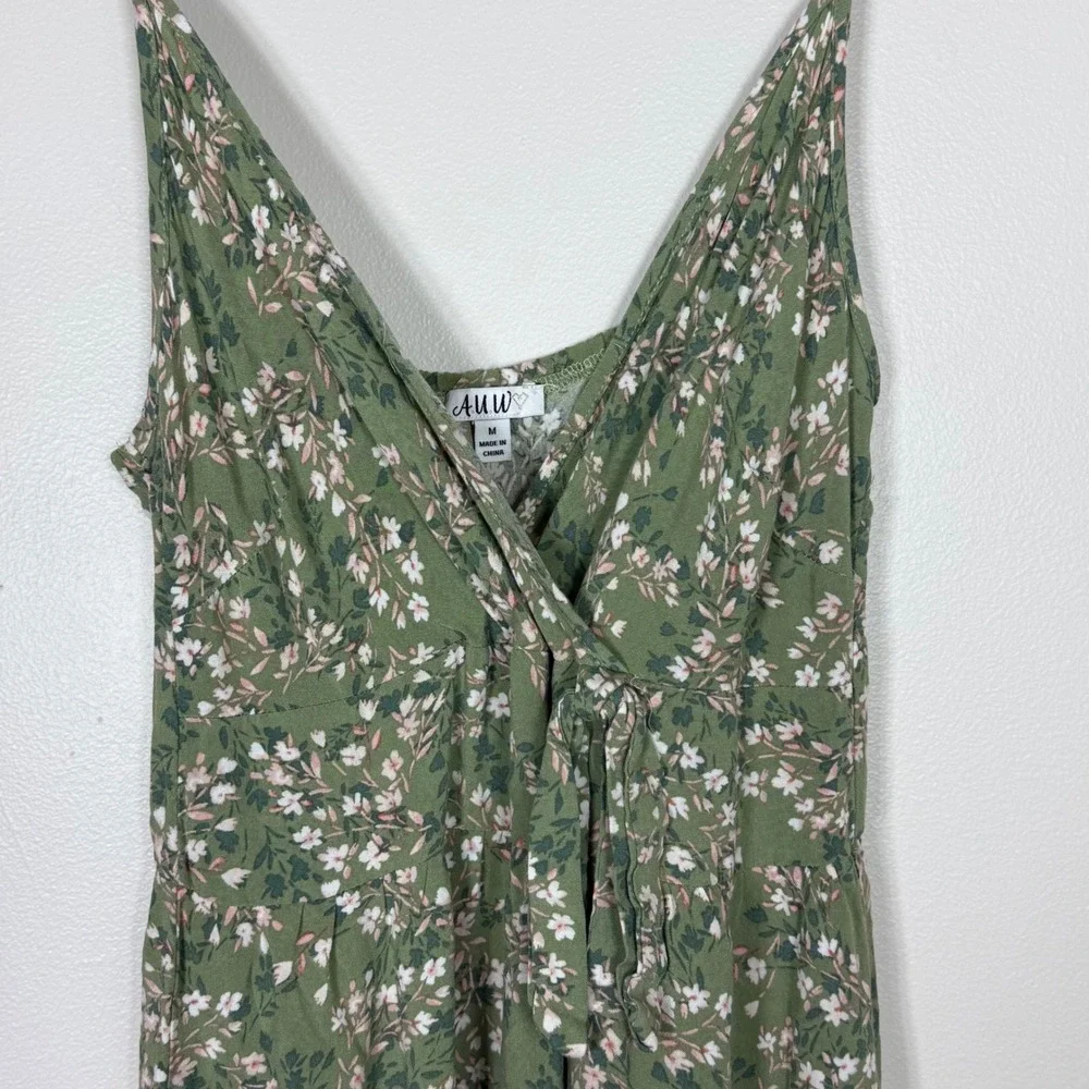 AUW Womens Floral Cottagecore Midi Dress Size M Green Ruffle Hem Spaghetti Strap - Picture 4 of 9